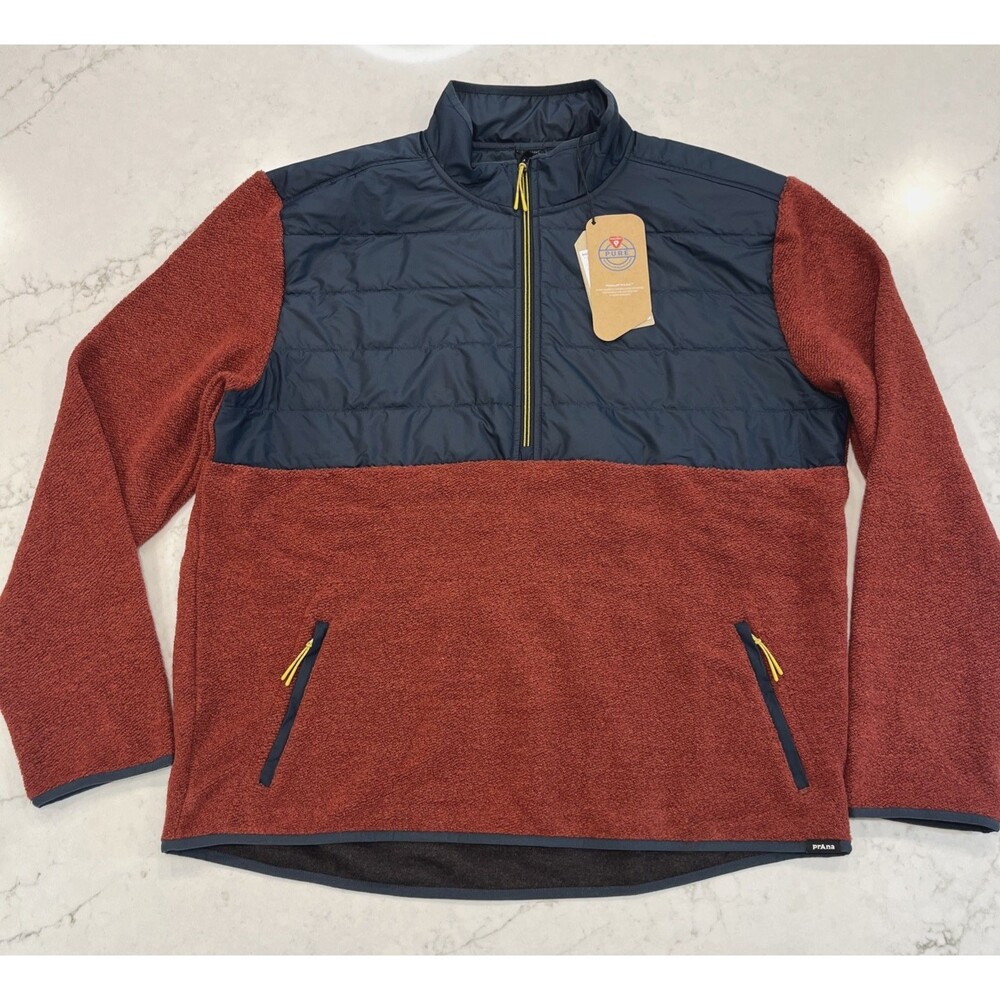prAna NEW Mens XXL Fleece 1/2 Zip Quilted Pullover Jacket Wool Blend Red Blue